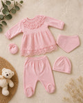Ensemble Bébé Fille Rose Velours Col Dentelle Fleurs 5 Pièces 0-3 Mois