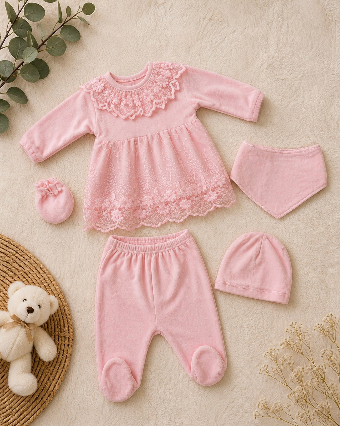 Ensemble Bébé Fille Rose Velours Col Dentelle Fleurs 5 Pièces 0-3 Mois