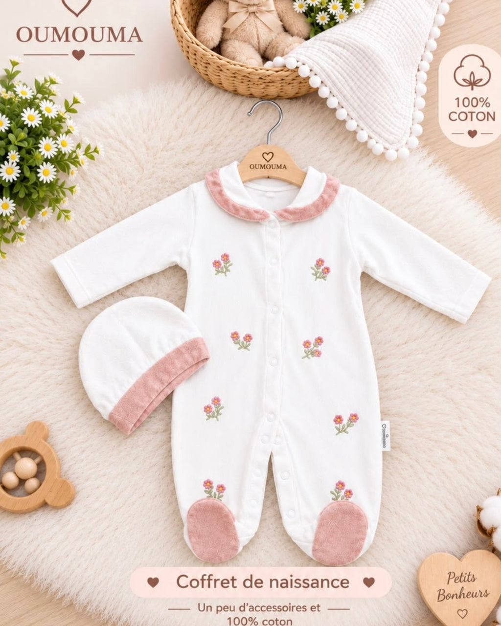 Grenouillère Bébé avec Bonnet Brodée Fleurs – Vêtement Naissance 100% Coton 0-3/3-6 Mois