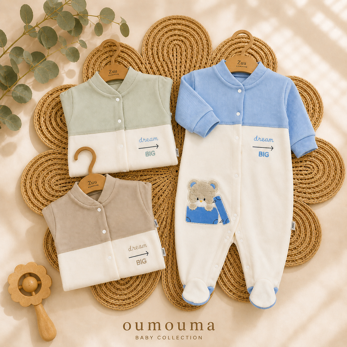 Ensemble "Dream Big" Bicolore Ourson – Gilet & Pyjama coton 0-3 Mois