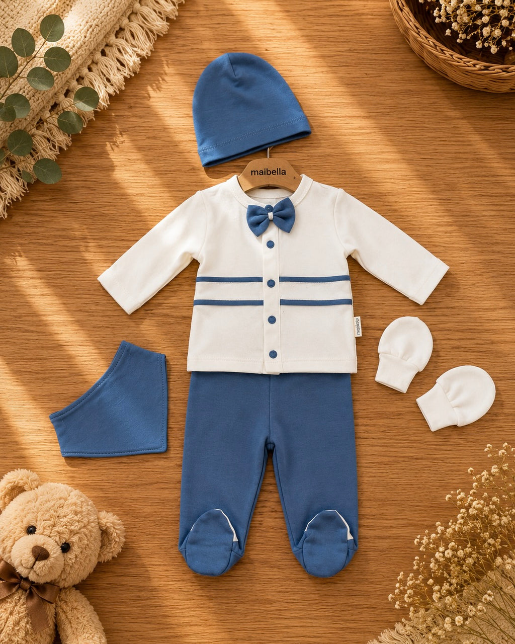 Ensemble Bébé 5 Pièces Tricot - Bonnet, Moufles et Bavoir