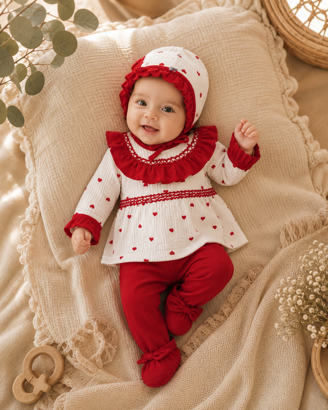 Ensemble Bébé Fille "Cœurs Rouges" en Gaze de Coton 0-3 Mois