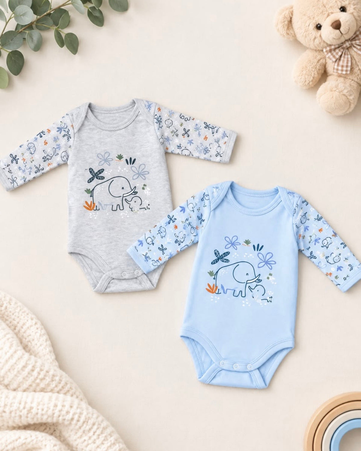 Body Bébé Garçon Imprimé Éléphant & Fleurs Manches Longues – Naissance