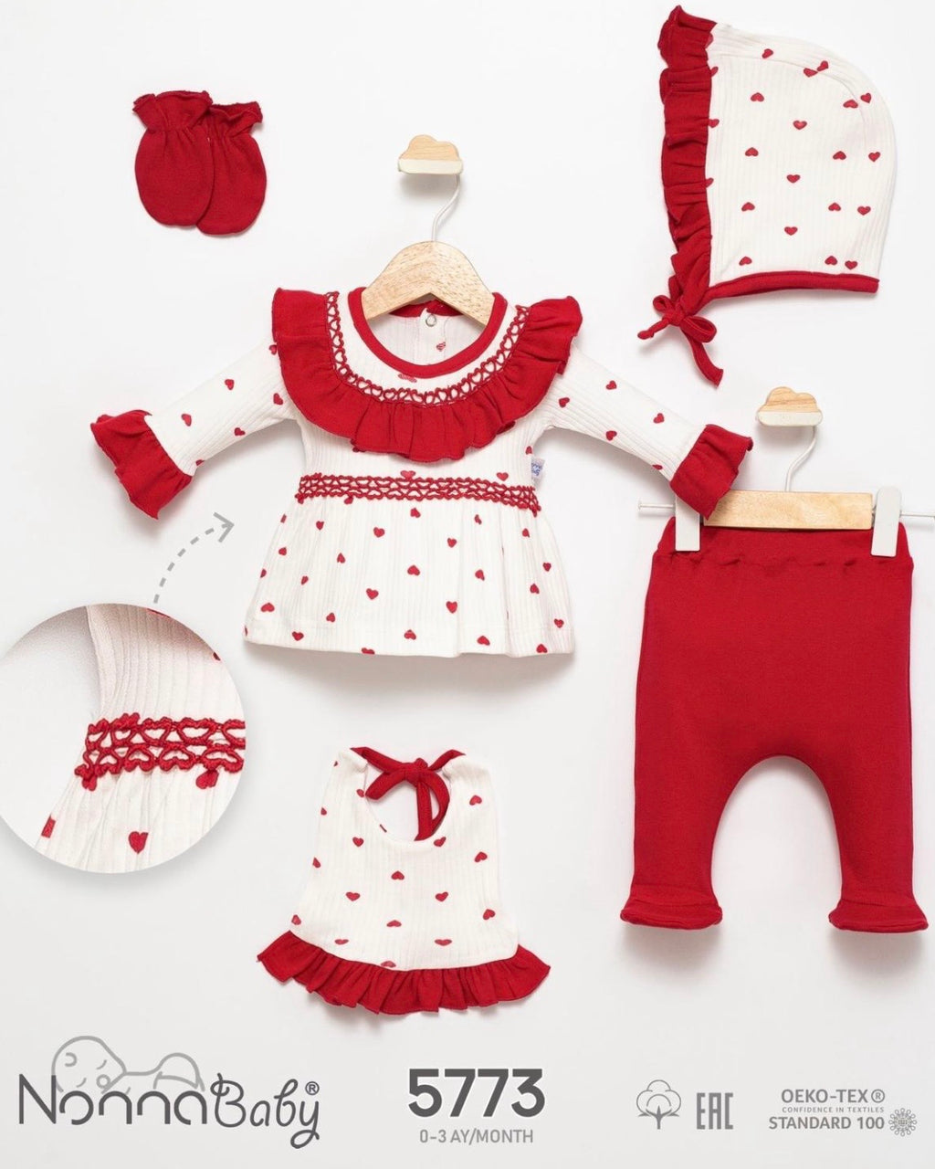 Ensemble Bébé Fille "Cœurs Rouges" en Gaze de Coton 0-3 Mois