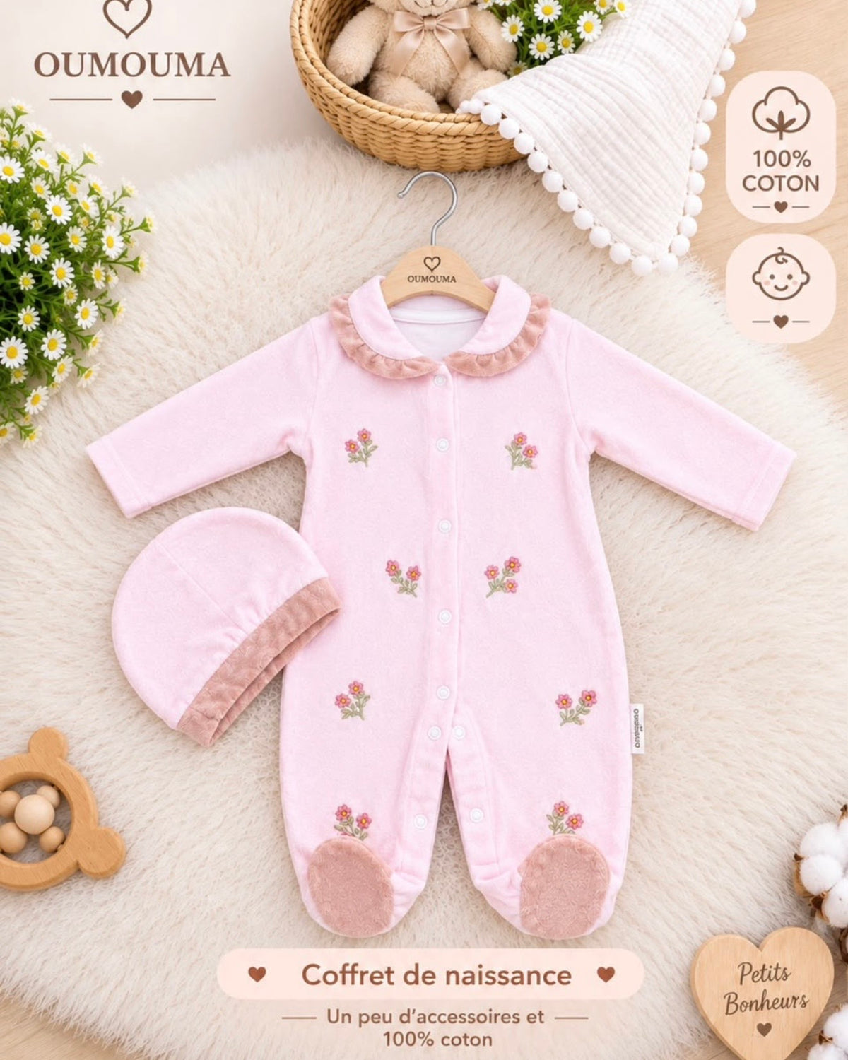 Grenouillère Bébé avec Bonnet Brodée Fleurs – Vêtement Naissance 100% Coton 0-3/3-6 Mois