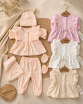 Ensemble Bébé Fille Velours Volants Dentelle & Nœuds 5 Pièces 0-3 Mois