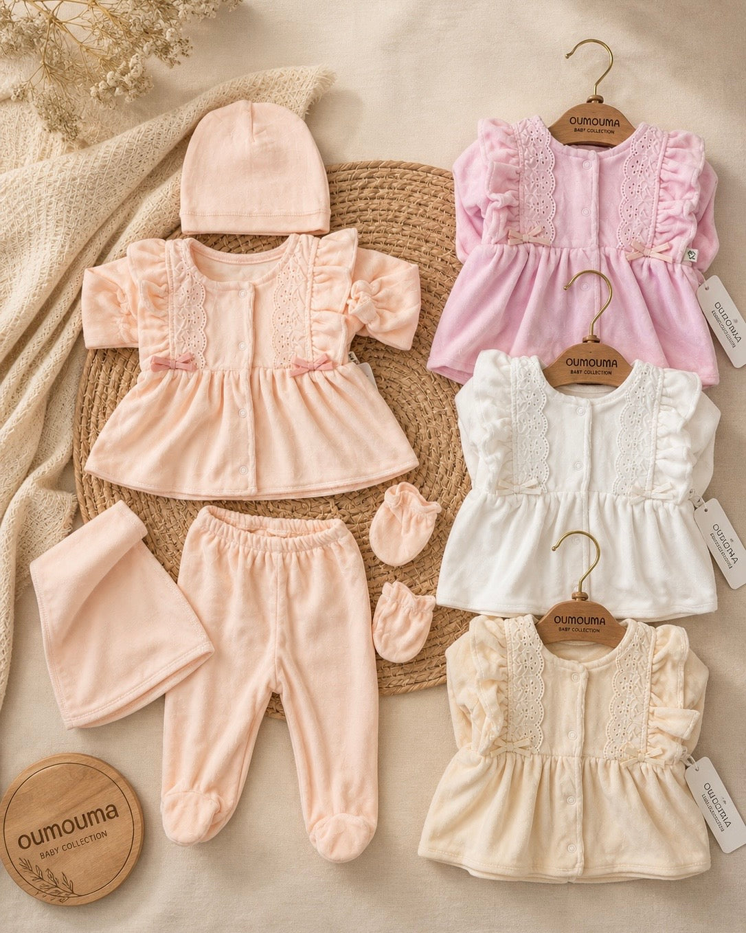 Ensemble Bébé Fille Velours Volants Dentelle & Nœuds 5 Pièces 0-3 Mois