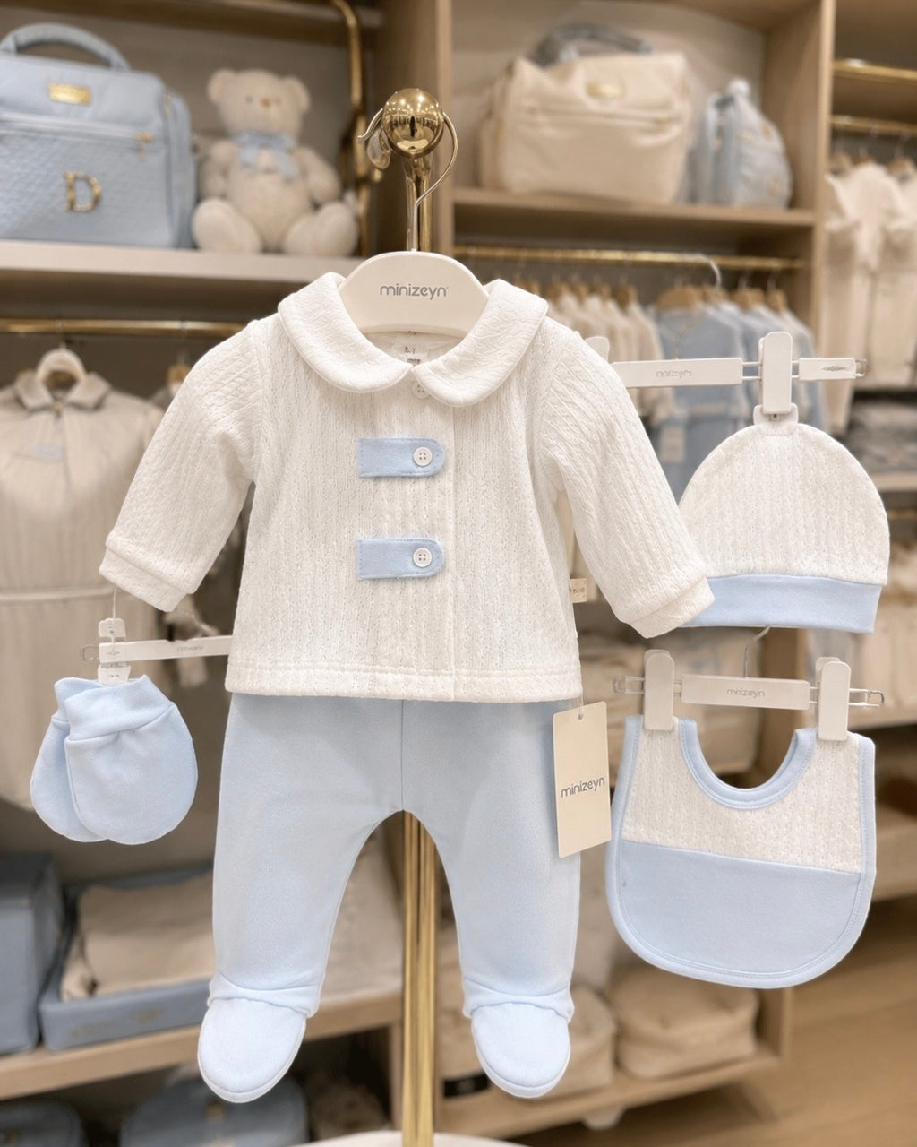 Ensemble 100% coton +5 pièces pour bebe 0-3 mois Blanc bleu pastel, col claudine, tricot fin