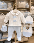 Ensemble 100% coton +5 pièces pour bebe 0-3 mois Blanc bleu pastel, col claudine, tricot fin