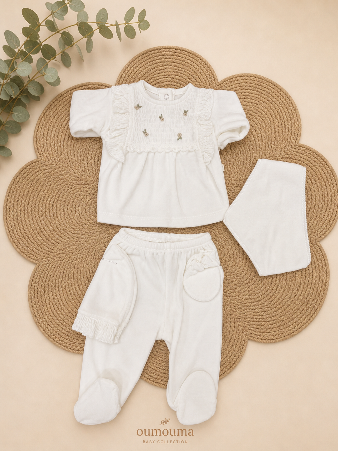 Ensemble naissance blouse smockée manches 0-3 mois