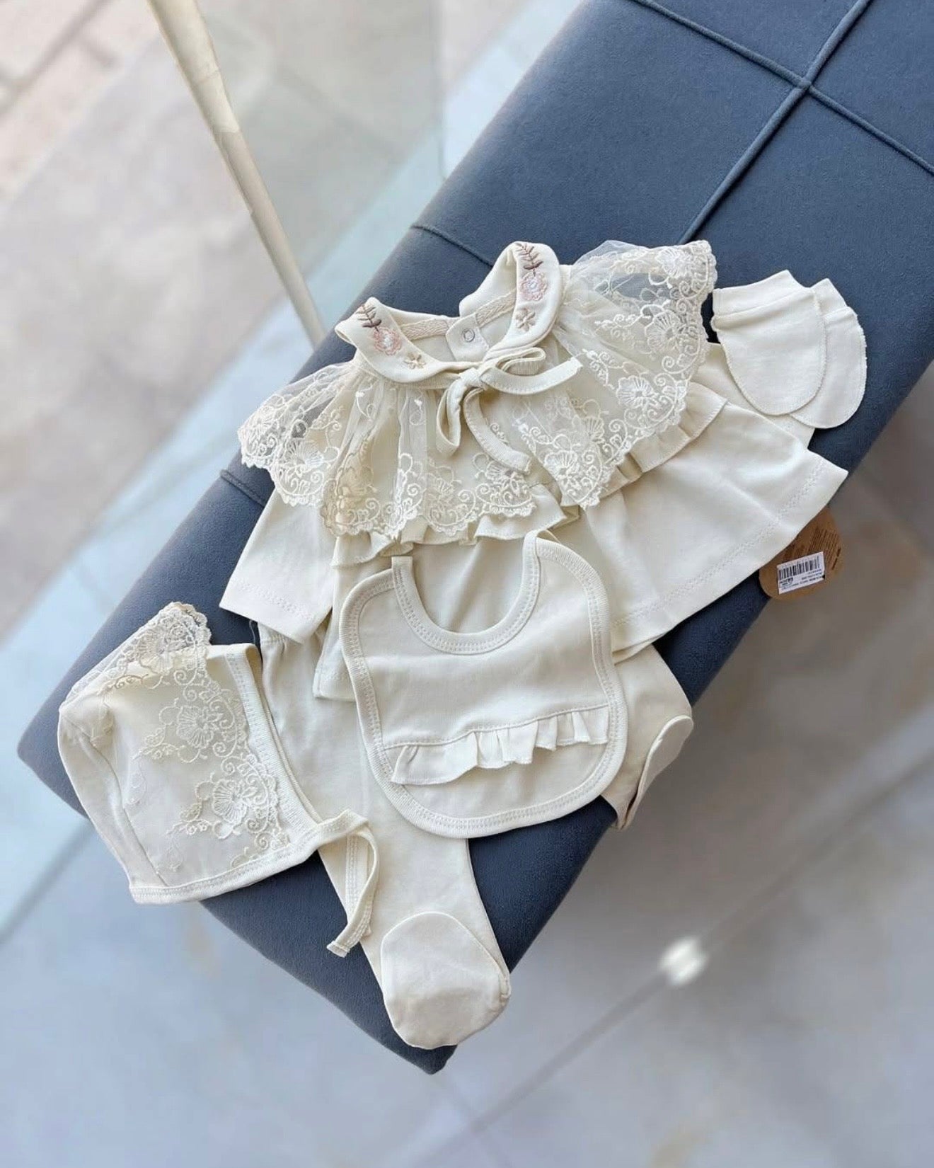 Coffret Naissance 5 Pièces Dentelle & Tulle Écru - Vêtement Bébé Fille 0-3 Mois
