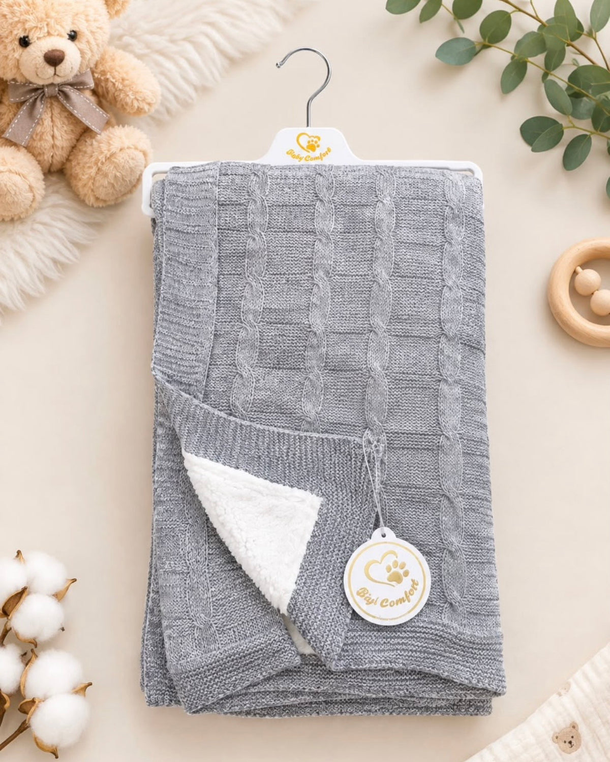 Plaid Bébé Tricot Torsadé Double Face – Coloris Gris 100x80