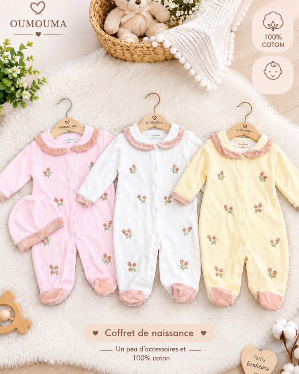 Grenouillère Bébé avec Bonnet Brodée Fleurs – Vêtement Naissance 100% Coton 0-3/3-6 Mois