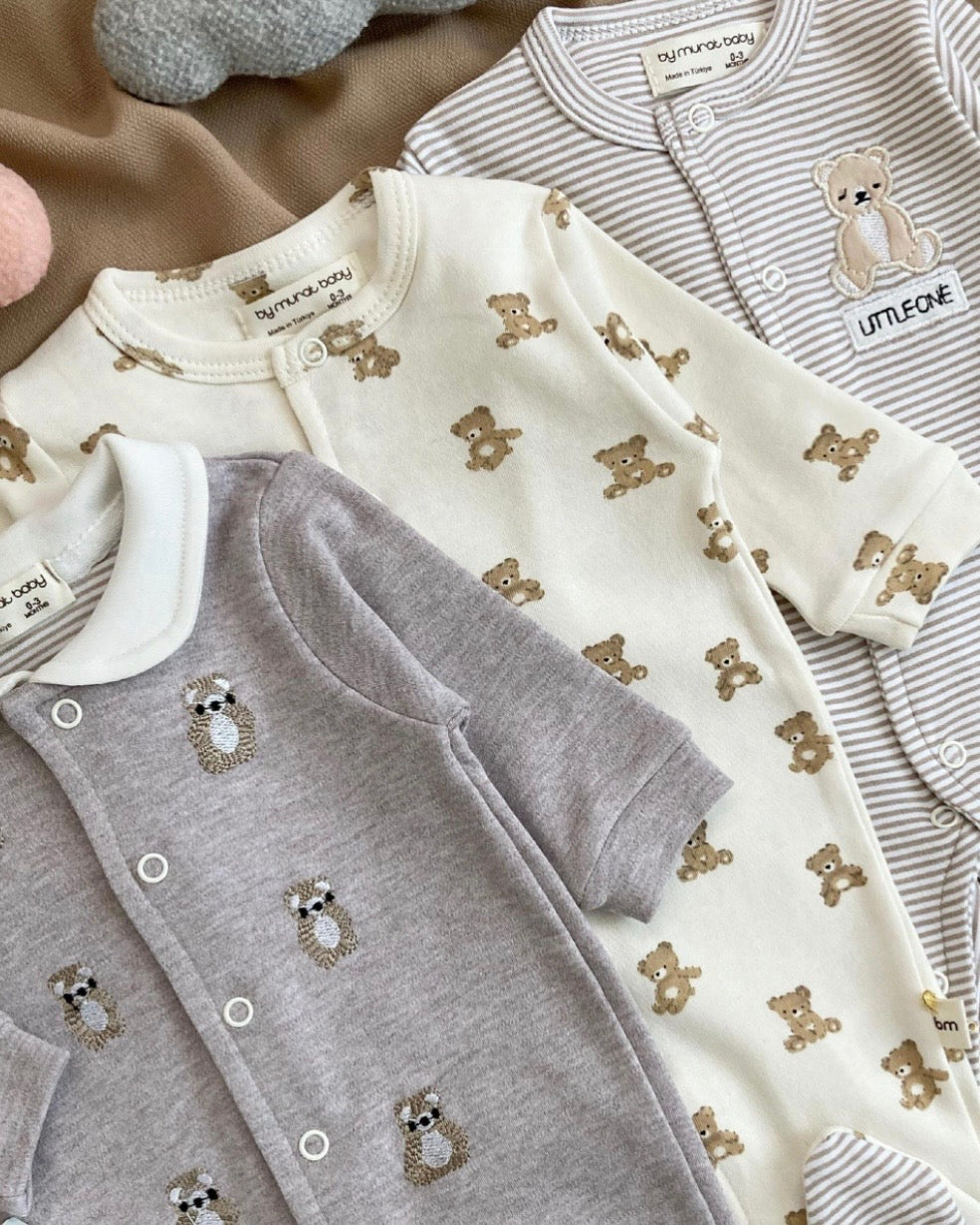 Pyjama Combinaison Bébé Brodé Ourson - Vêtement Naissance 0-3 Mois