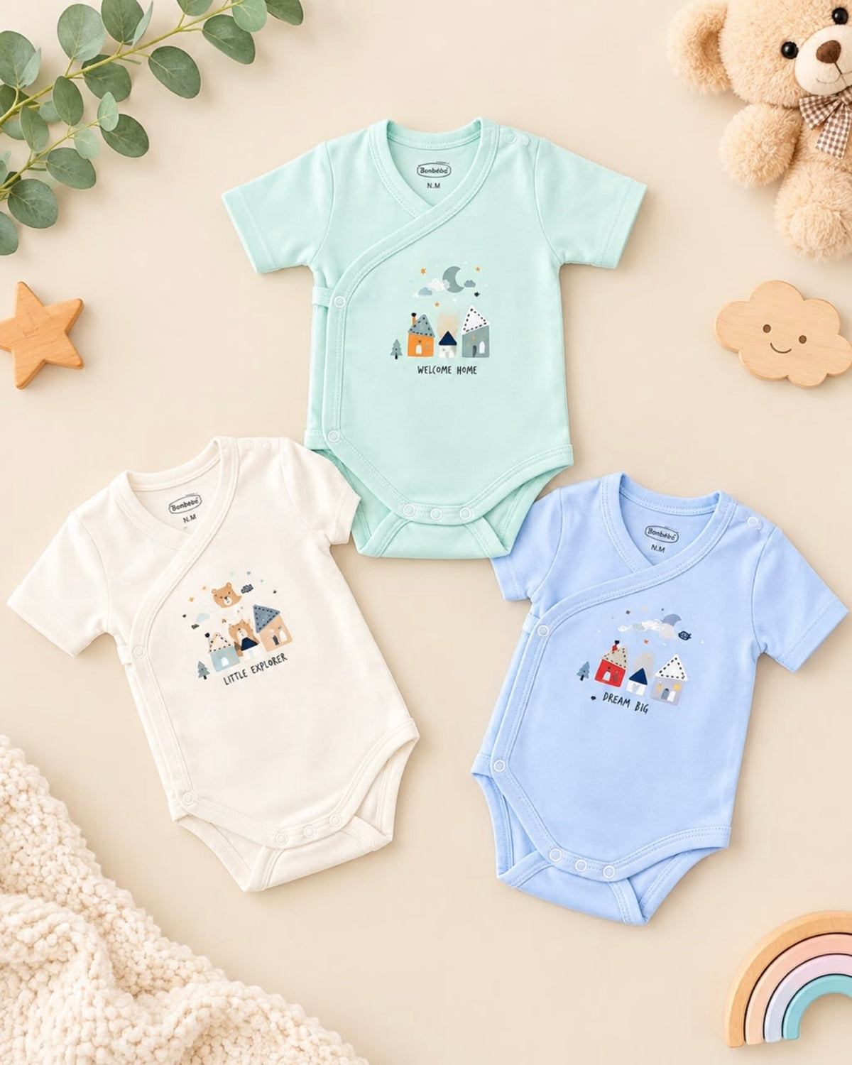 Body Croisé Bébé Garçon "Little Explorer" Maisons Manches Courtes – Naissance
