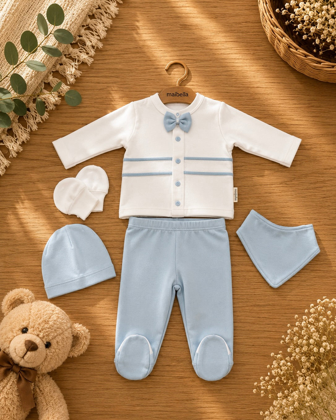 Ensemble Bébé 5 Pièces Tricot - Bonnet, Moufles et Bavoir