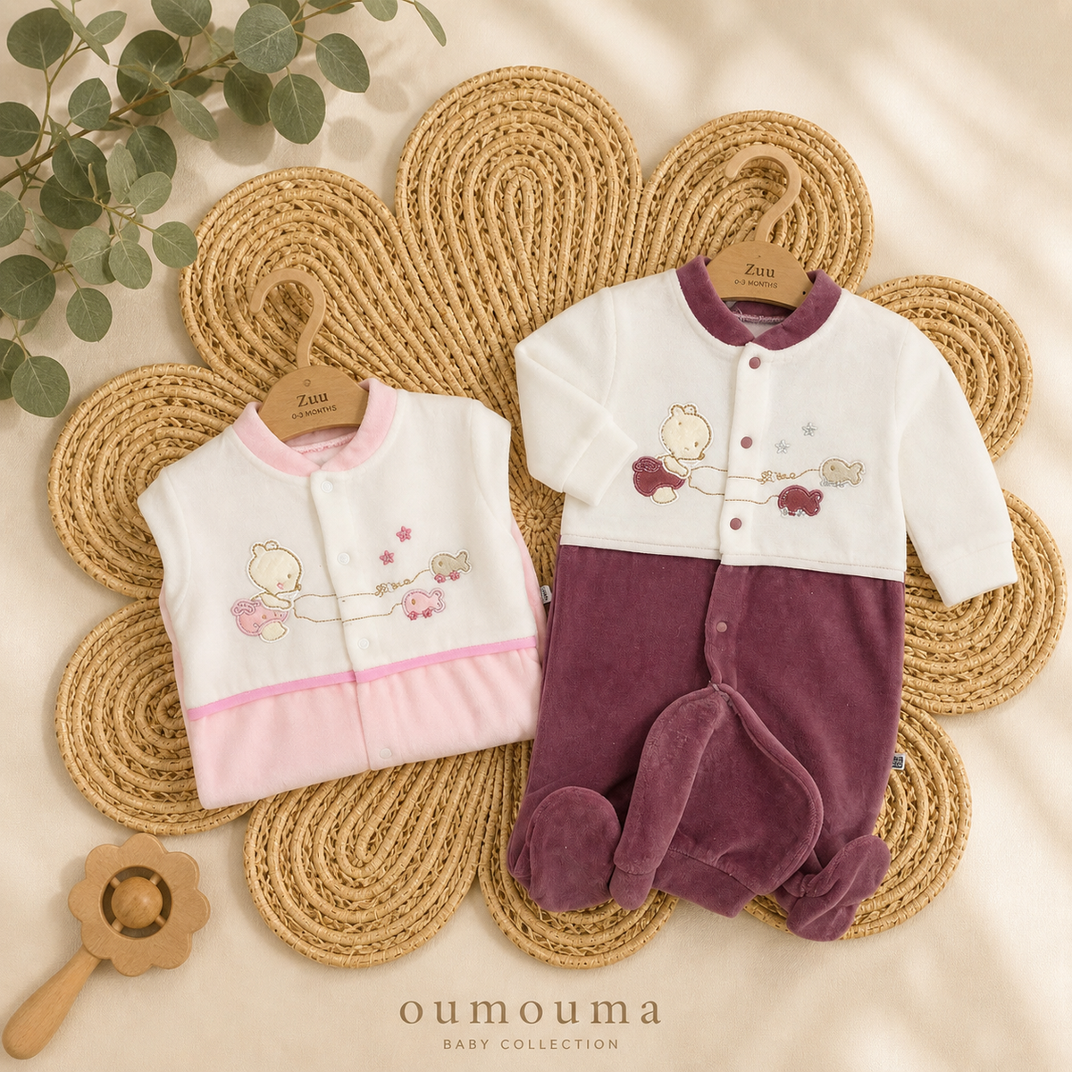Duo Naissance Velours Brodé Ours & Poisson – Rose & Prune 0-3 Mois