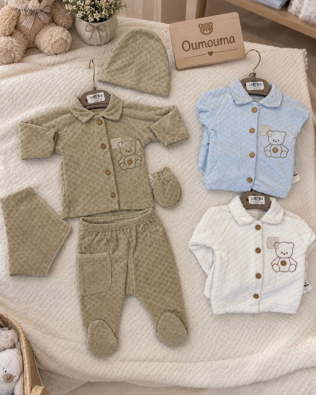 Ensemble Bébé Col Chemise Ourson Matelassé 5 Pièces 0-3 Mois