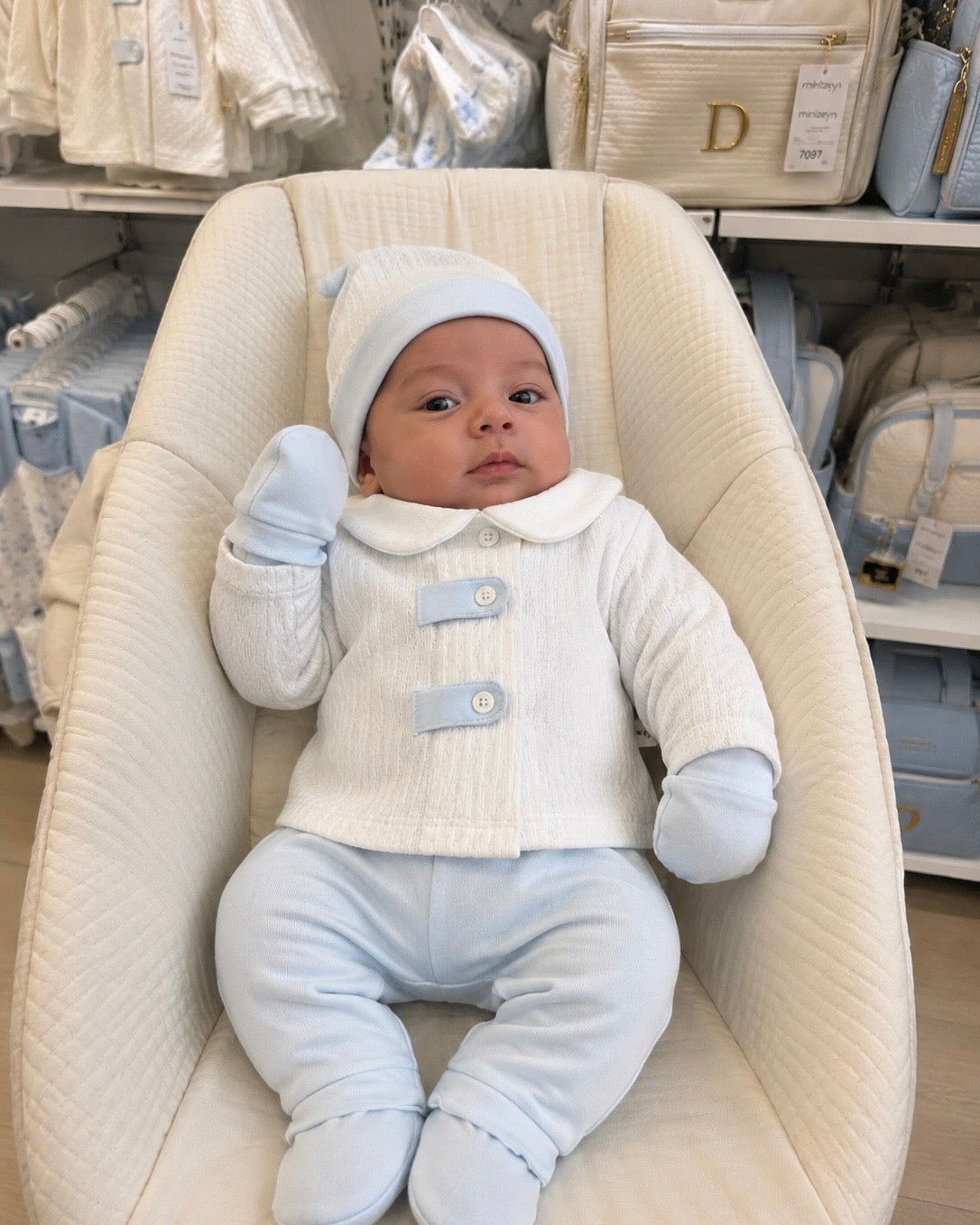 Ensemble 100% coton +5 pièces pour bebe 0-3 mois Blanc bleu pastel, col claudine, tricot fin
