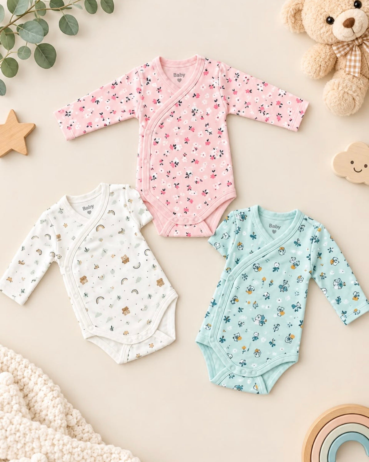 Body Croisé Bébé Fille Imprimé Fleurs & Pandas Manches Longues – Naissance