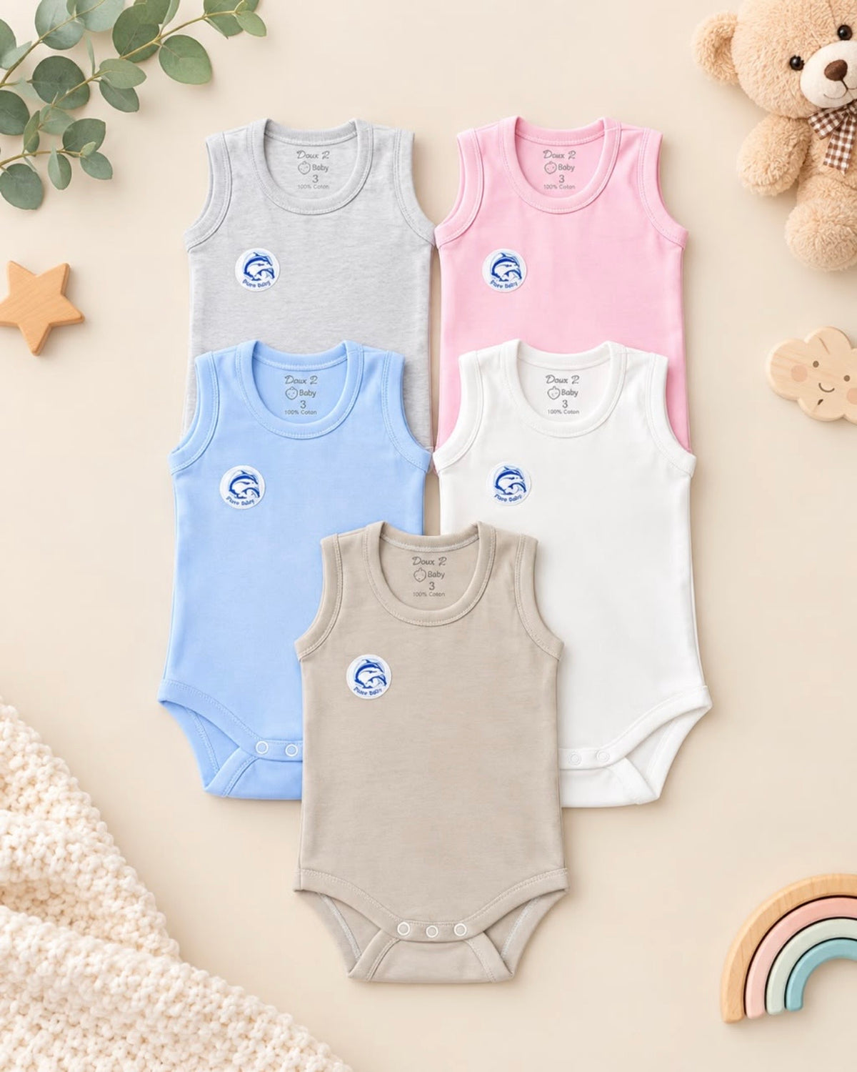 Body Débardeur Bébé Sans Manches 100% Coton – Naissance 0-3 Mois