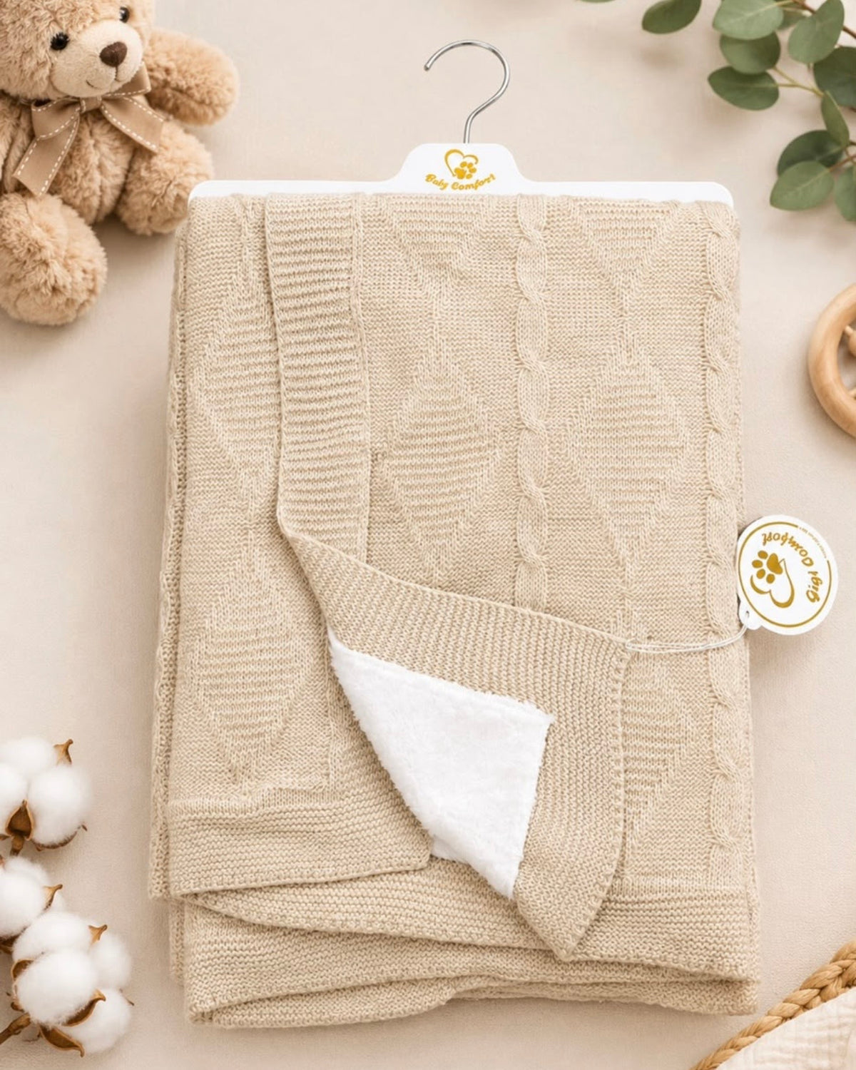 Plaid Bébé Tricot Torsadé Double Face – Coloris Beige 100x80