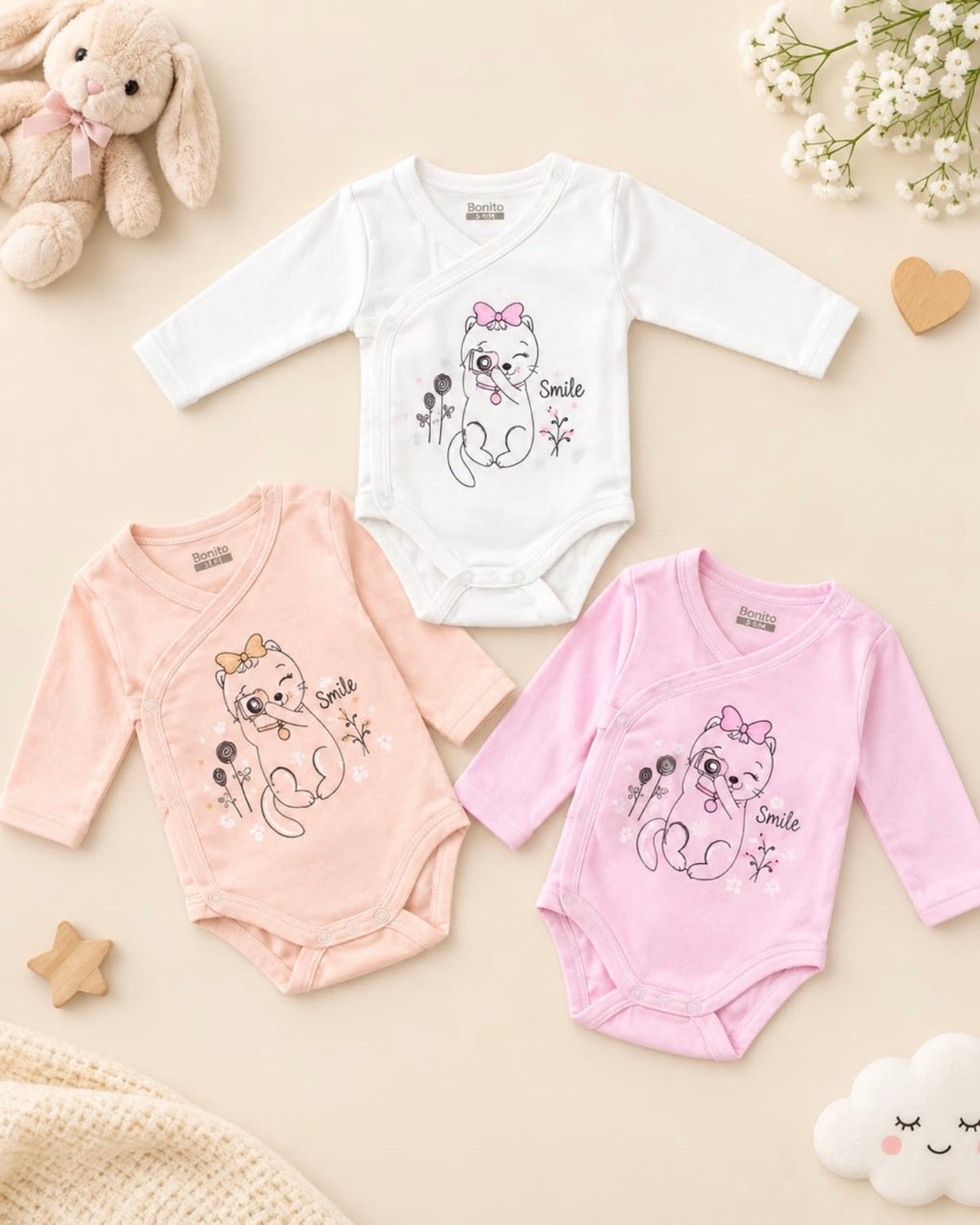 Body Croisé Bébé Fille Chaton "Smile" Manches Longues – Naissance 0-3 Mois