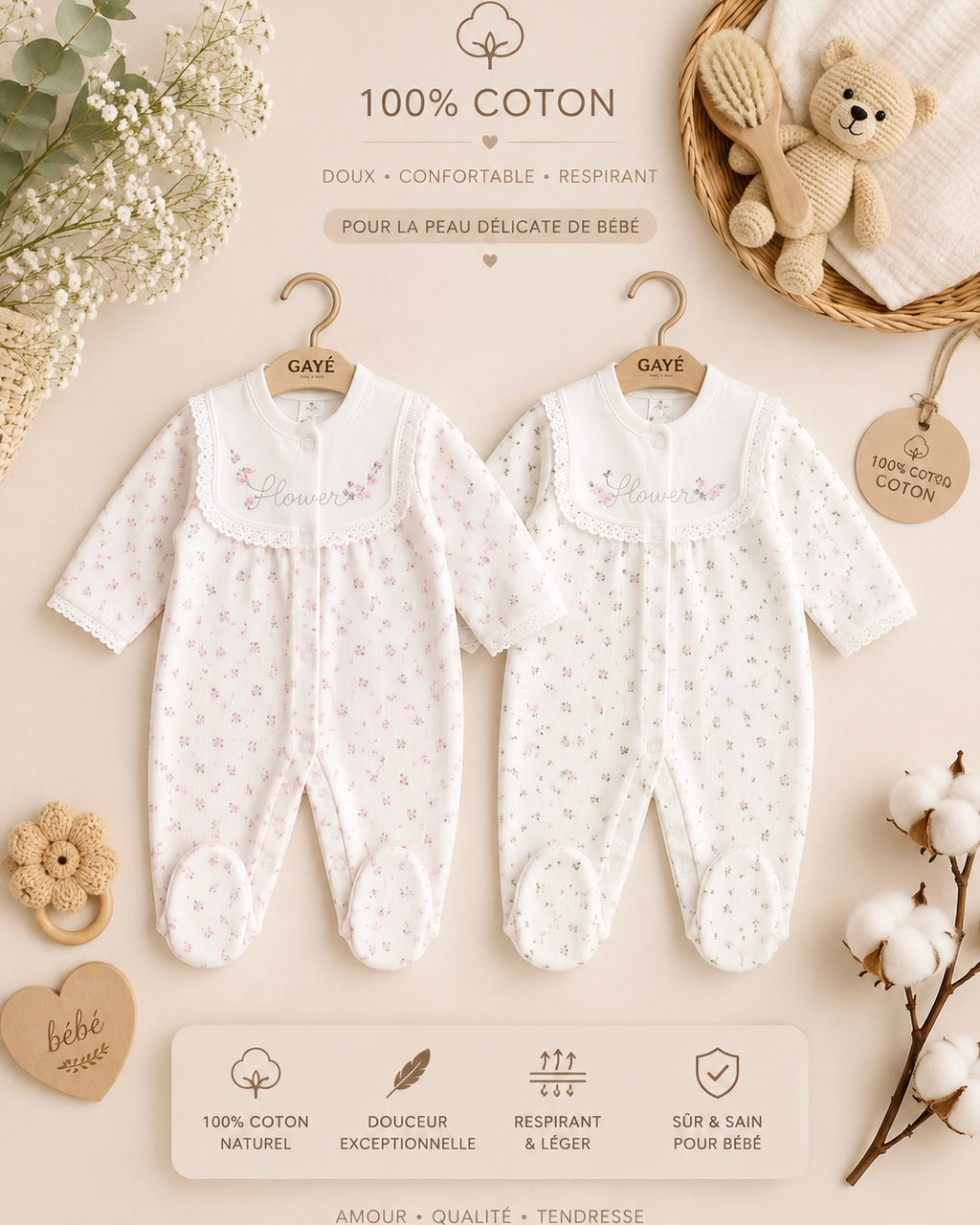 Grenouillère 100% coton 0-6 mois