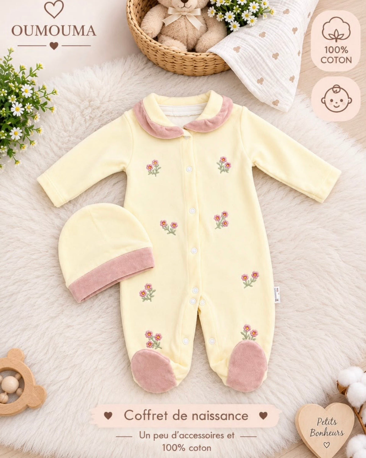 Grenouillère Bébé avec Bonnet Brodée Fleurs – Vêtement Naissance 100% Coton 0-3/3-6 Mois