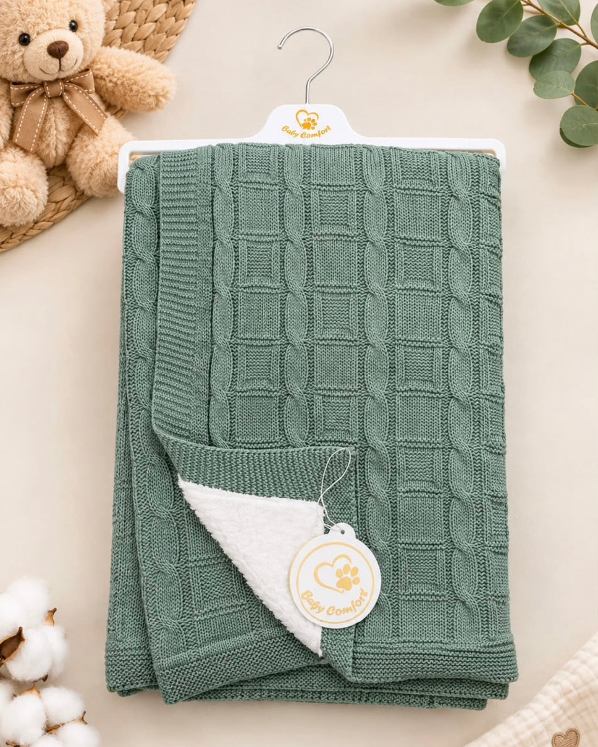 Plaid Bébé Tricot Torsadé Double Face – Coloris Vert Sauge 100x80