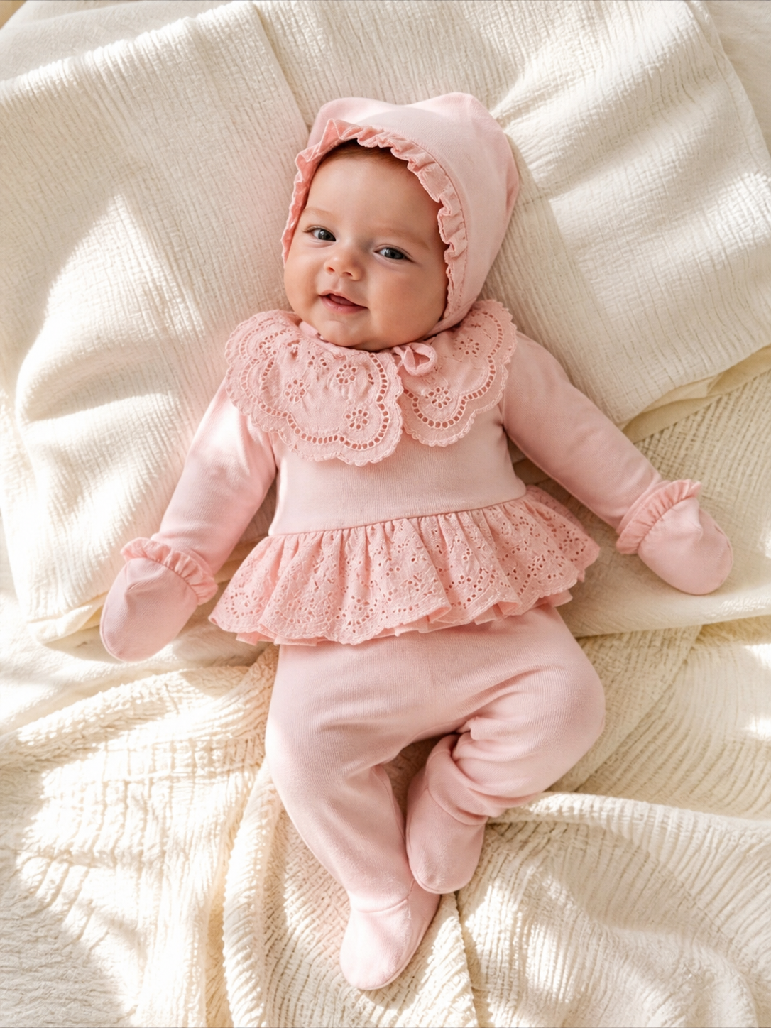 Ensemble Bébé Fille Rose Poudré Dentelle 4 Pièces 0-3 Mois