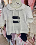Ensemble 5 piece 100% coton 0-3 mois Blanc ajouré, boutons nacre, détail marine