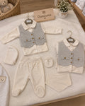 Ensemble Bébé Garçon Gilet Rayé Gris & Écru Velours 5 Pièces 0-3 Mois