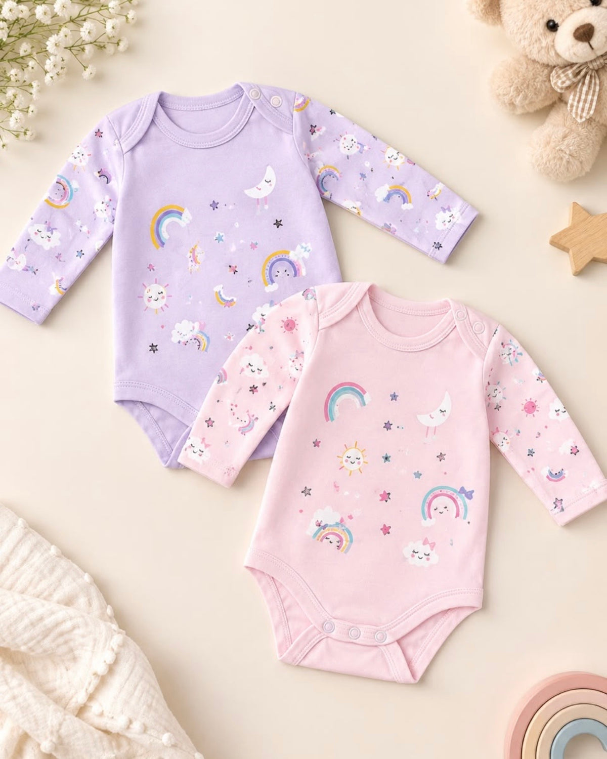 Body Bébé Fille Imprimé Arc-en-Ciel & Étoiles Manches Longues – Naissance