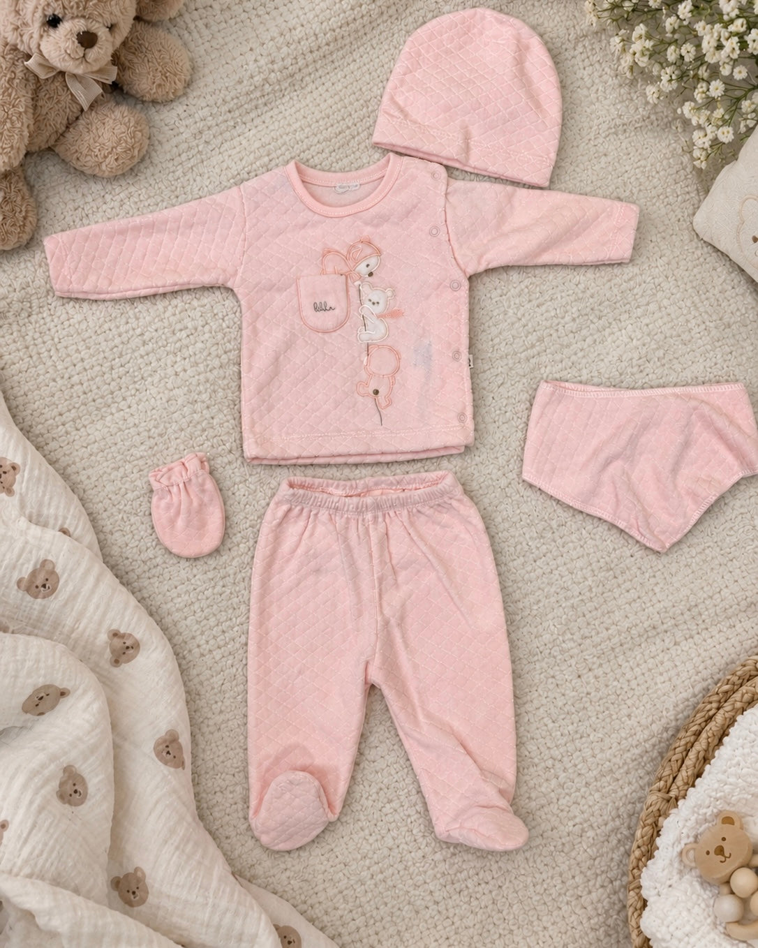 Ensemble Bébé Rose Matelassé Oursons Brodés 5 Pièces 0-3 Mois