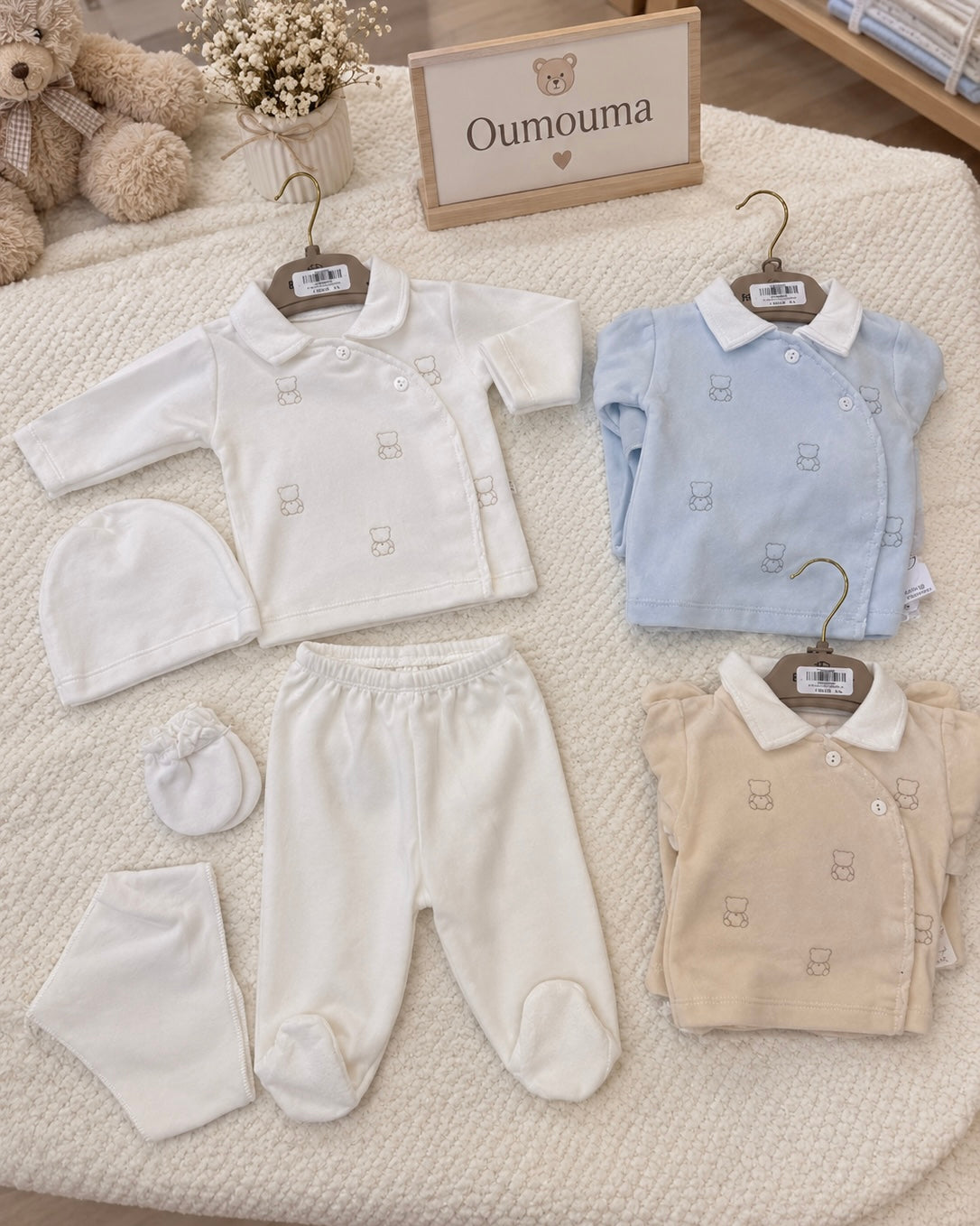 Ensemble Bébé Velours Oursons Brodés Col Claudine 5 Pièces 0-3 Mois