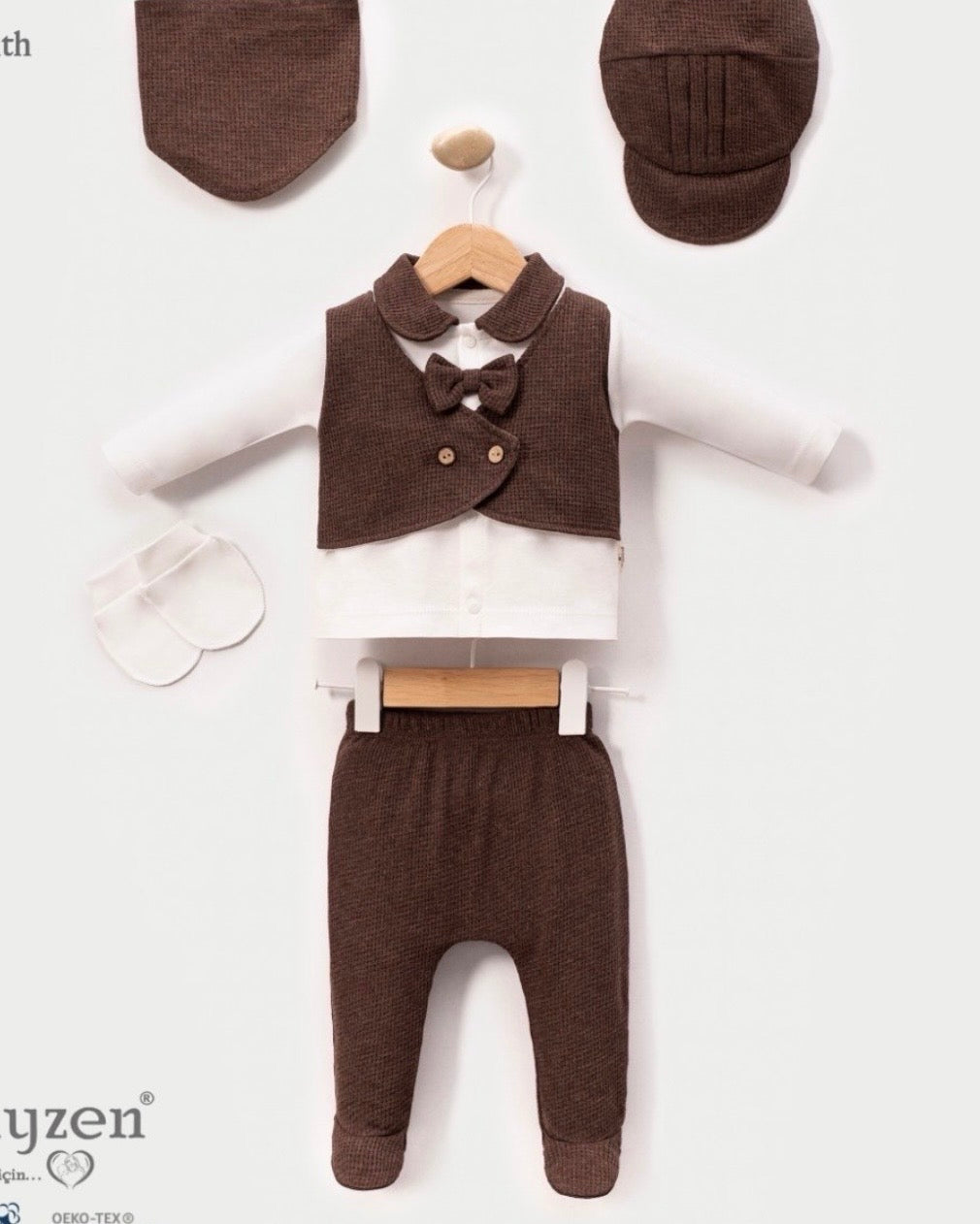 Ensemble Bébé Garçon Gilet Marron 5 Pièces 0-3 Mois