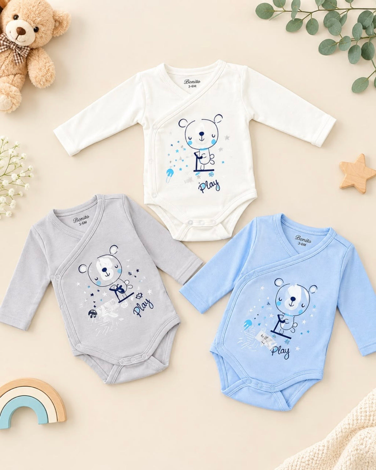 Body Croisé Bébé Ourson "Play" Manches Longues – Naissance 0-3 Mois