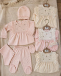 Ensemble Bébé Fille Smocké Fleurs Brodées Matelassé 5 Pièces 0-3 Mois