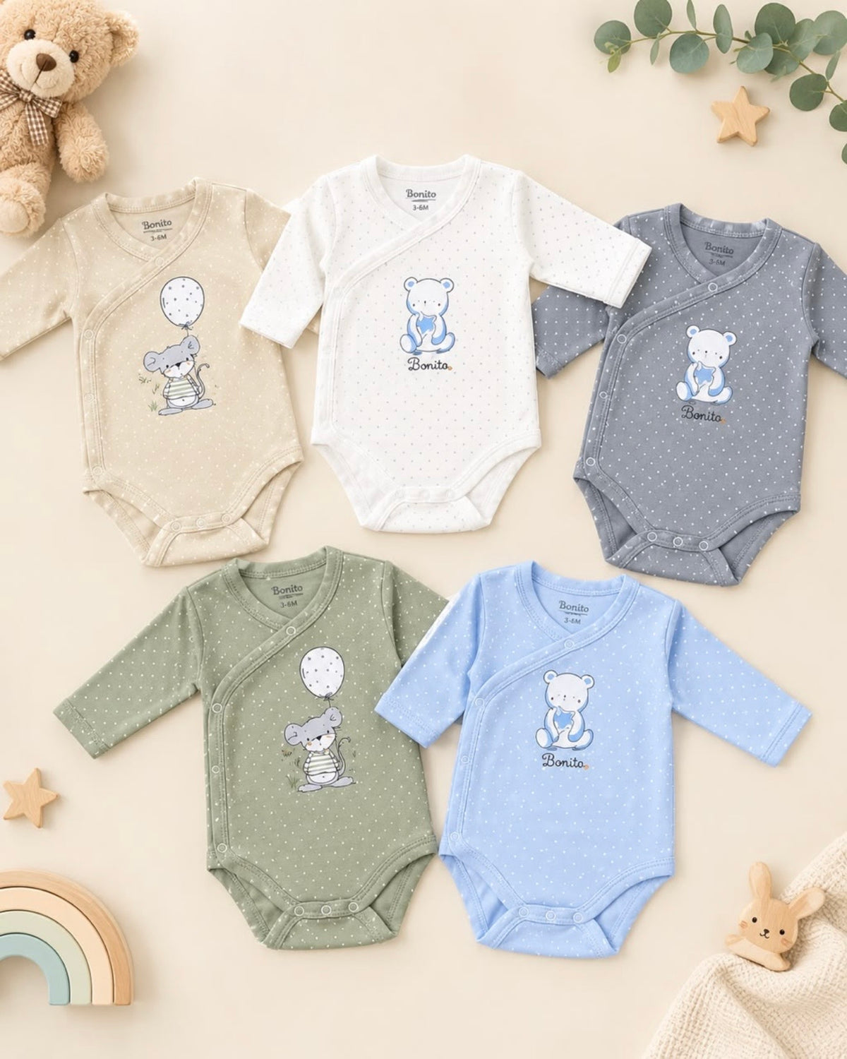 Body Croisé Bébé Garçon Ourson à Pois "Bonito" Manches Longues 0-3 Mois