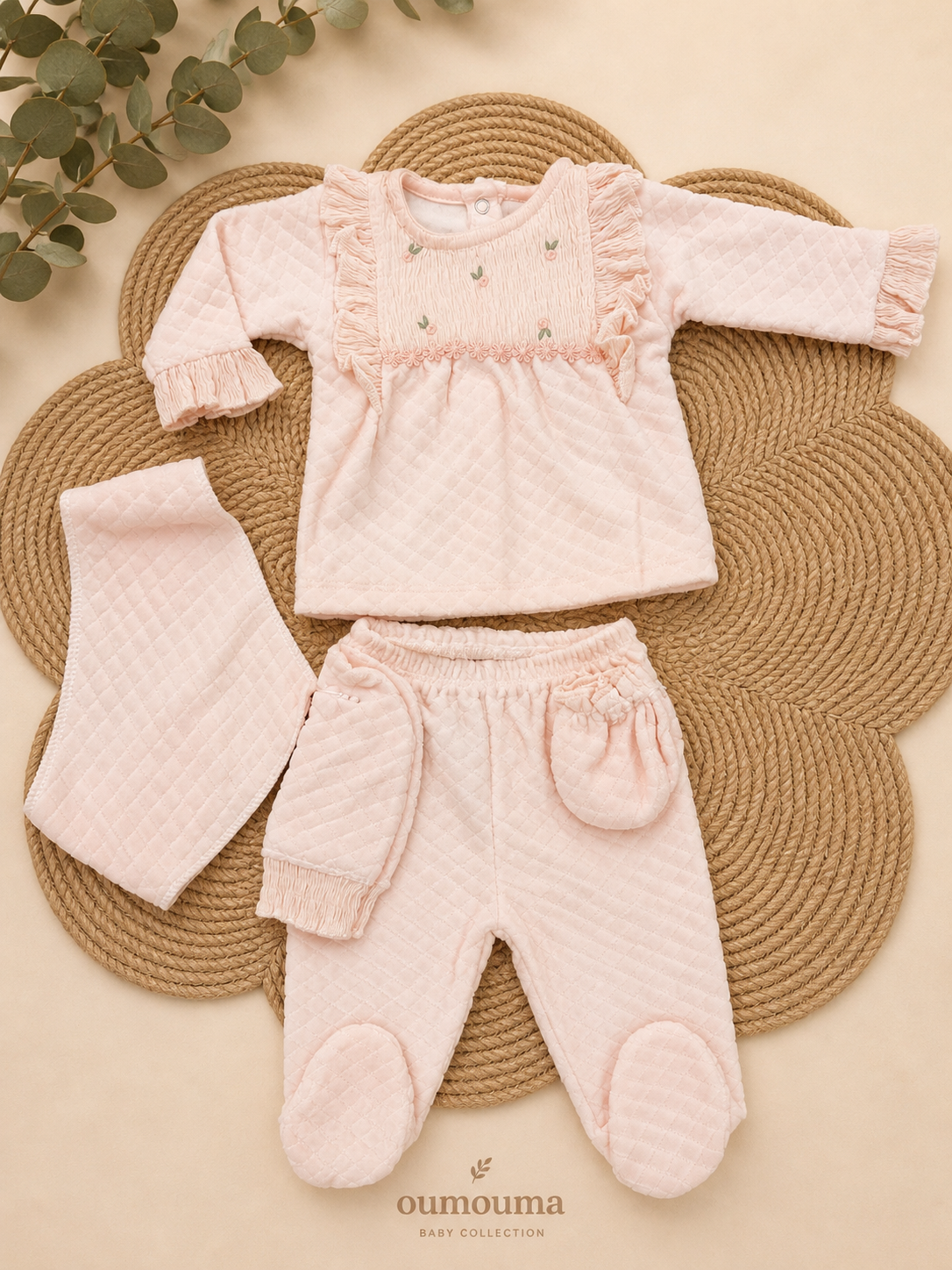 Ensemble naissance blouse smockée matelassé 0-3 mois