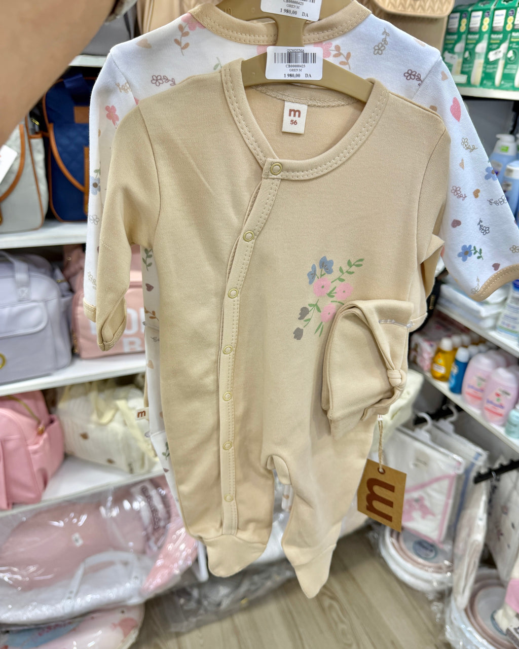 Ensemble Grenouillère & Bonnet Bébé « Douce Floral » 0-3 M