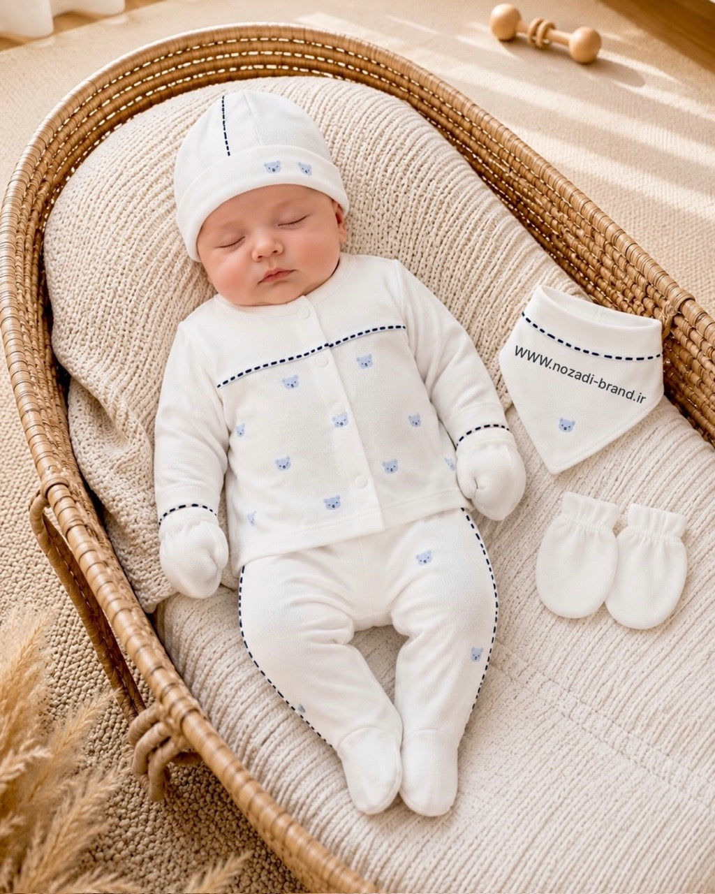 🐻 Kit de Naissance 5 Pièces "Petit Ourson" – Blanc & Bleu Ciel 0-3 M