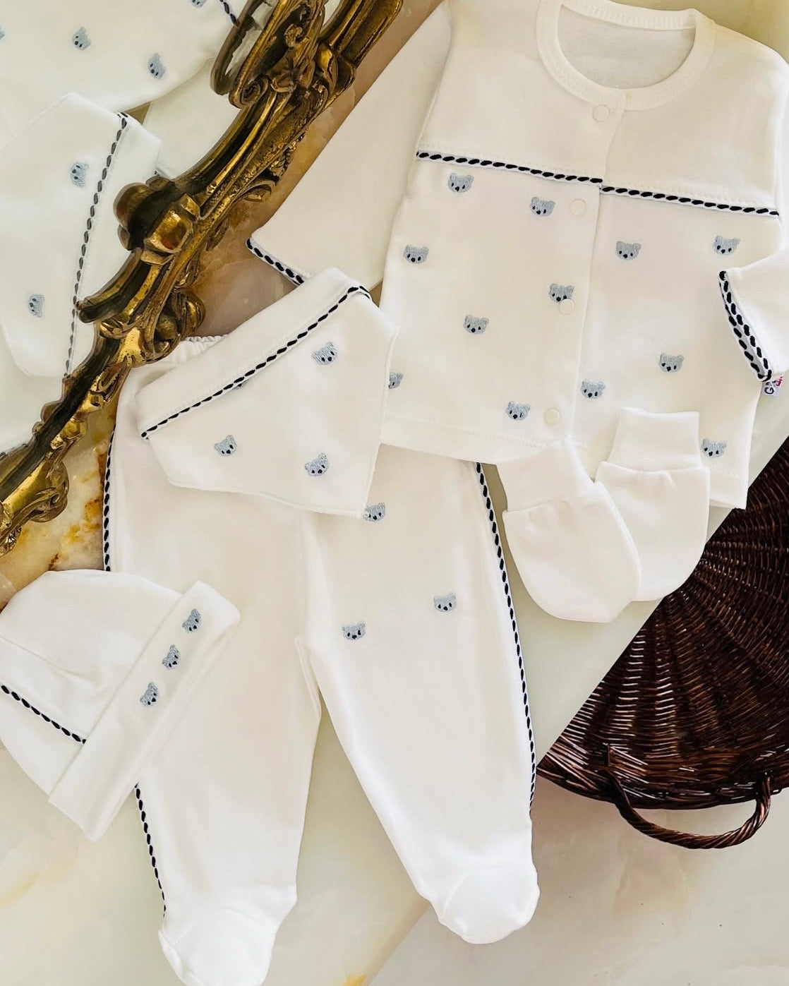 🐻 Kit de Naissance 5 Pièces "Petit Ourson" – Blanc & Bleu Ciel 0-3 M