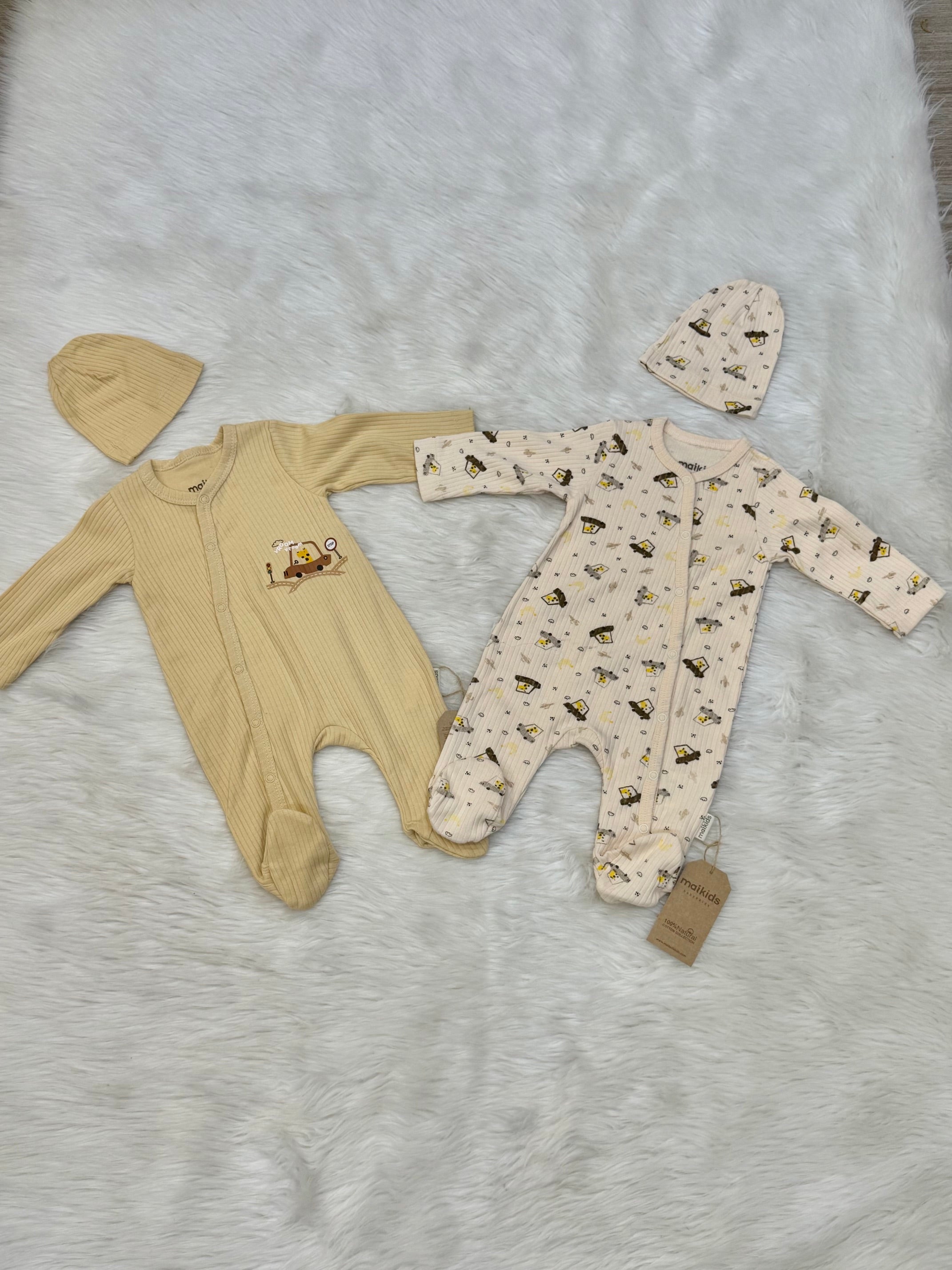 Grenouillères "Teddy Bow" & Bonnet Assorti 0-3 Mois