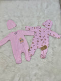 Grenouillères "Teddy Bow" & Bonnet Assorti 0-3 Mois