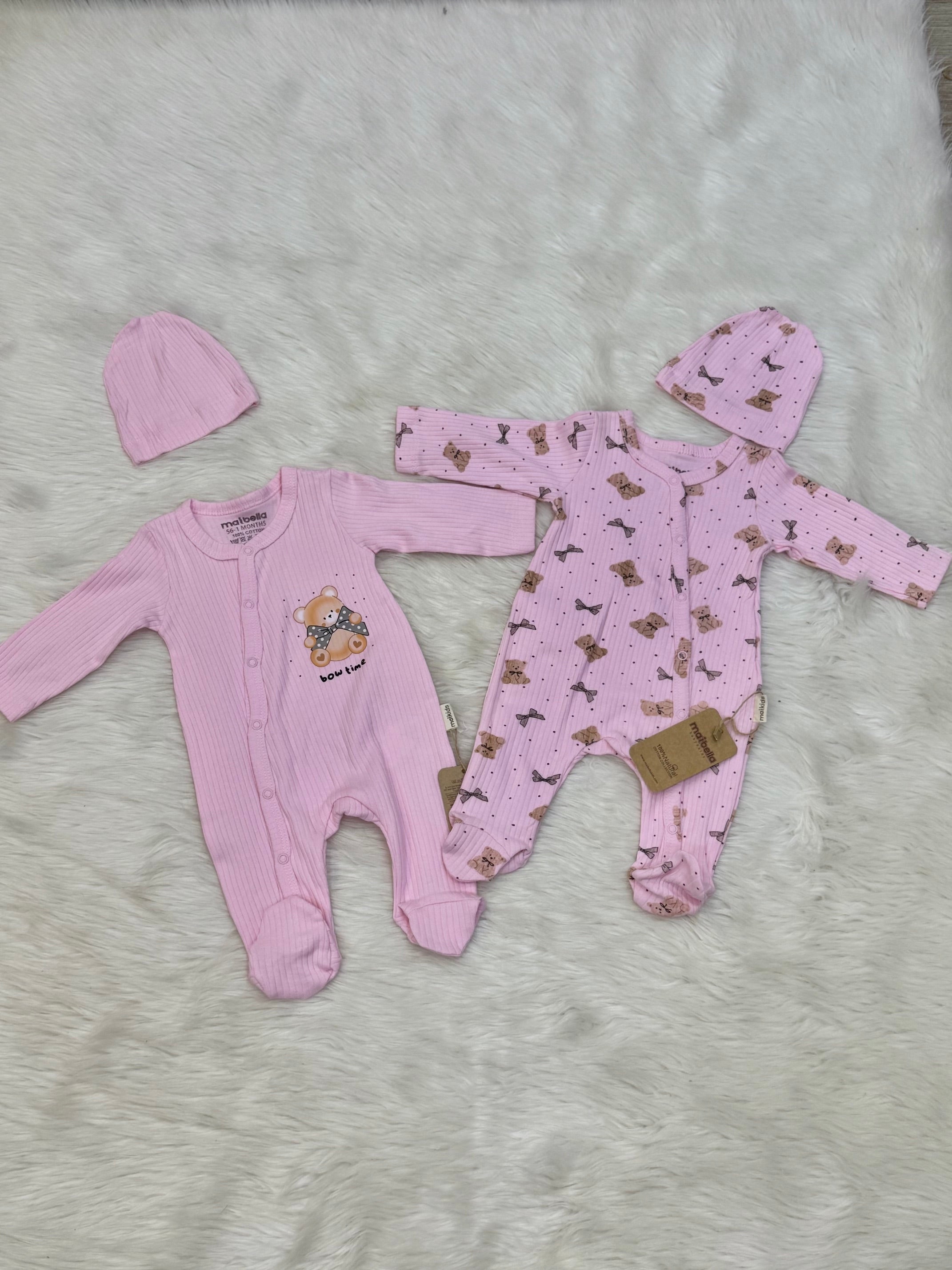 Grenouillères "Teddy Bow" & Bonnet Assorti 0-3 Mois