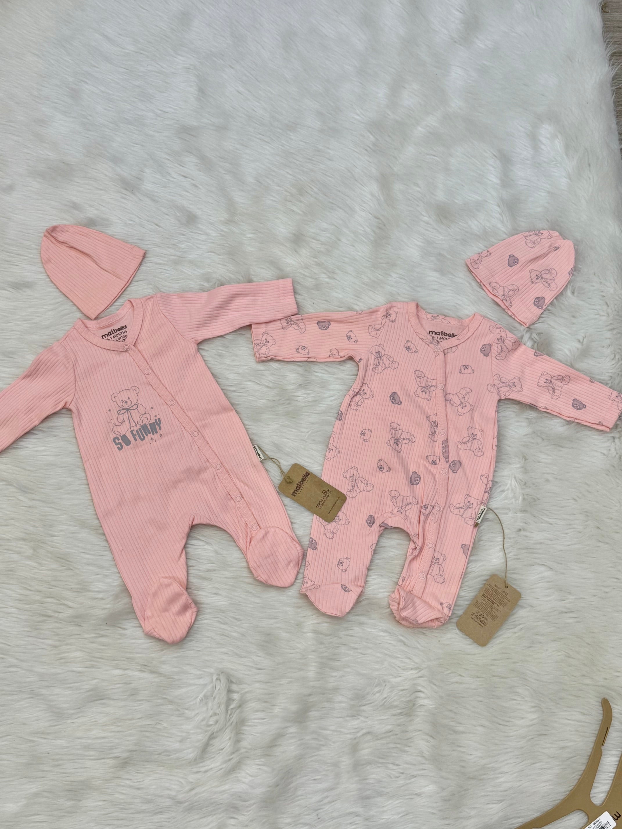 Grenouillères "Teddy Bow" & Bonnet Assorti 0-3 Mois