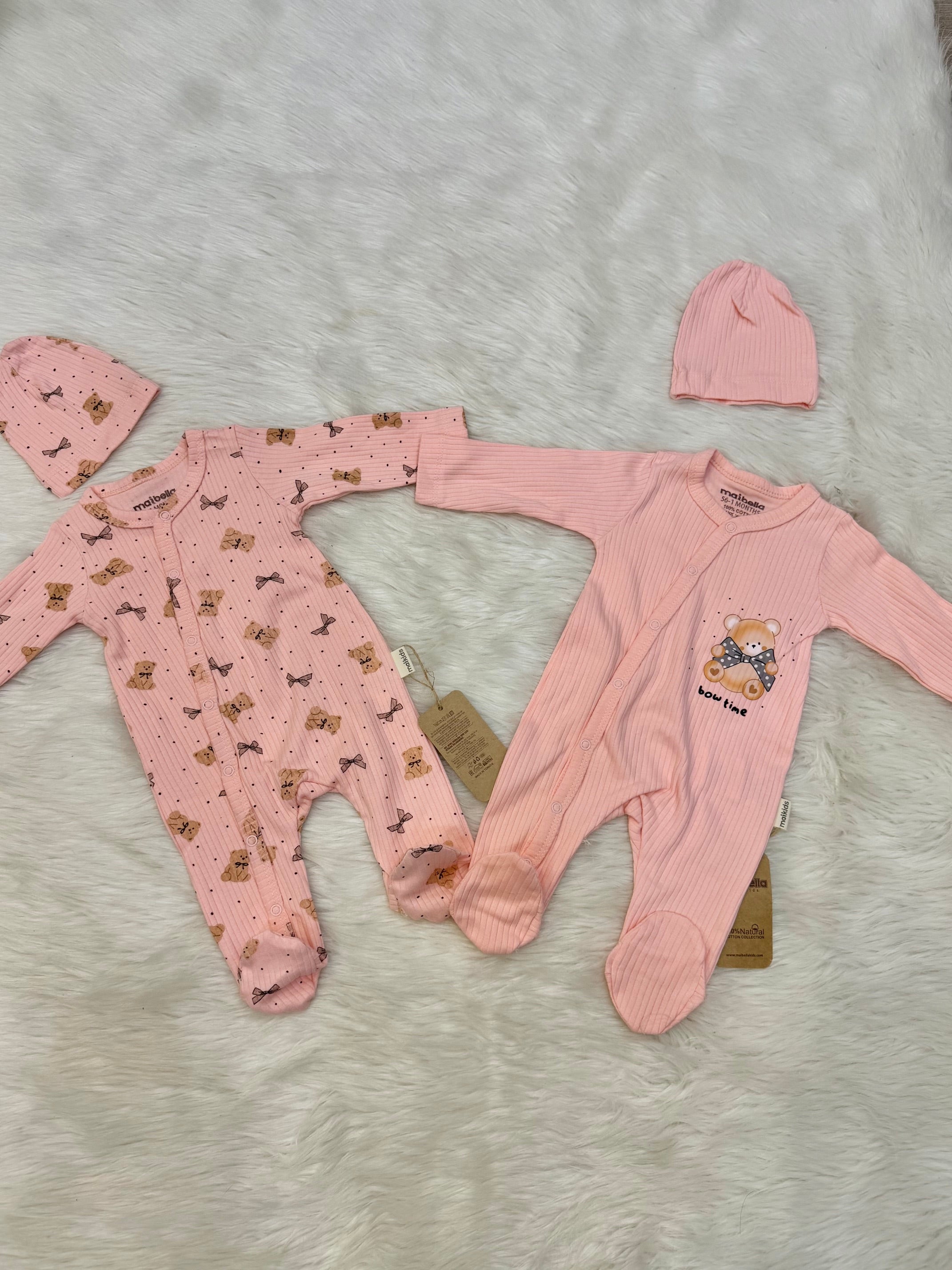 Grenouillères "Teddy Bow" & Bonnet Assorti 0-3 Mois
