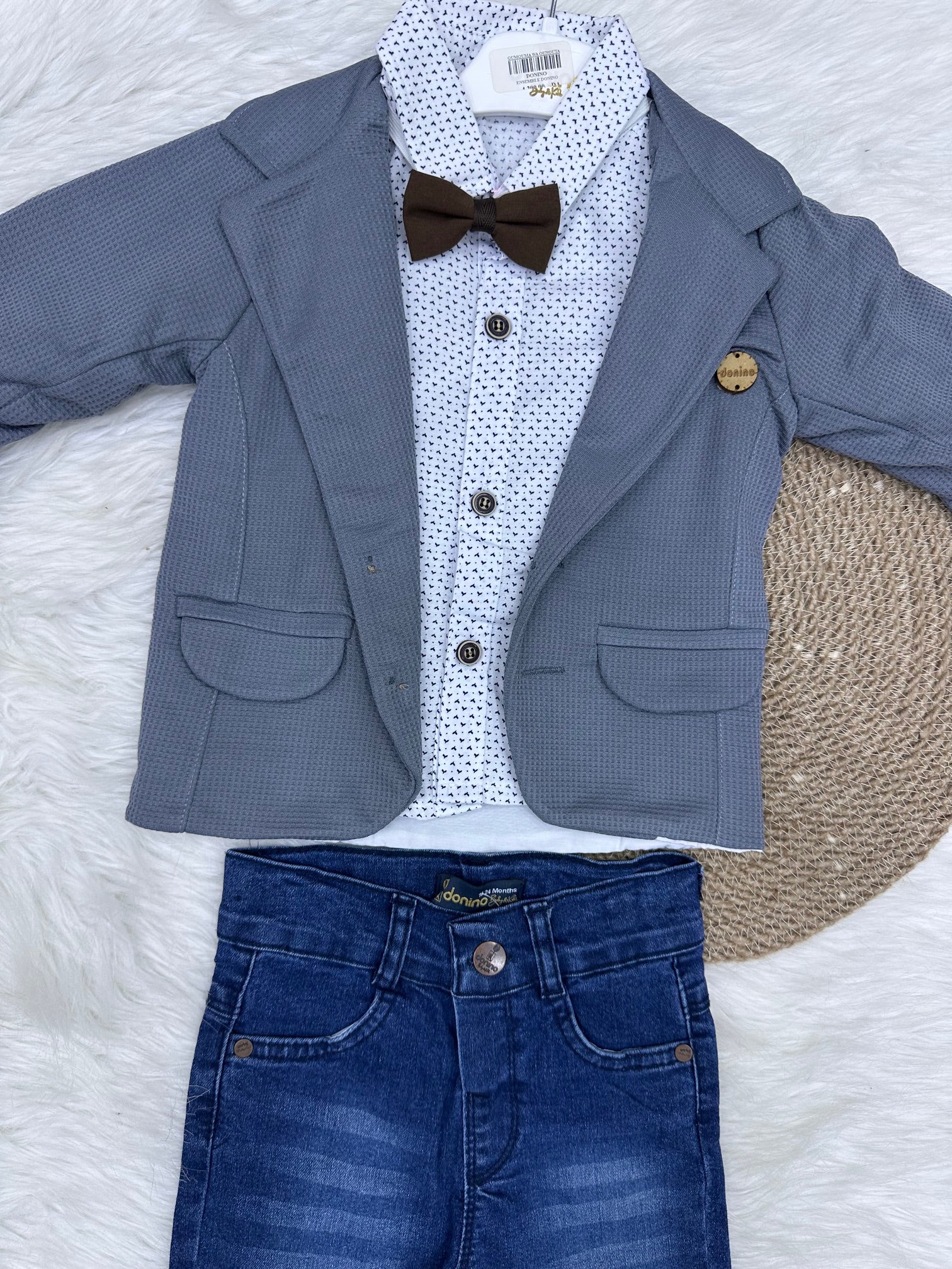 Ensemble 3 Pièces : Costume "Petit Gentleman" Gris & Nœud Papillon 18-24M